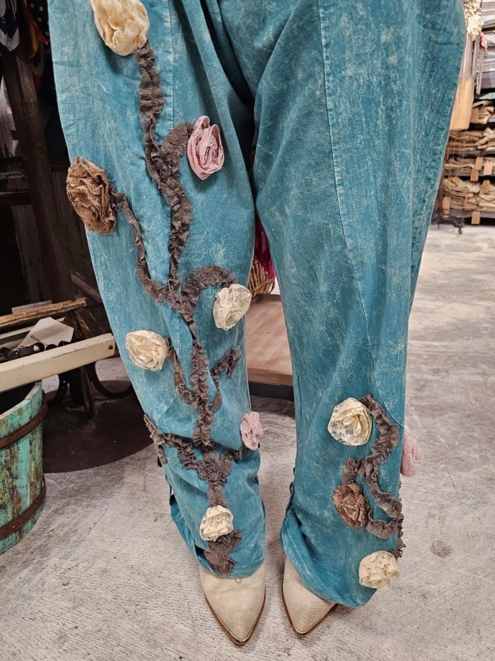 A Rare Bird Mineral Wash Stretchy Waist Floral Appliqué Wide leg Pants